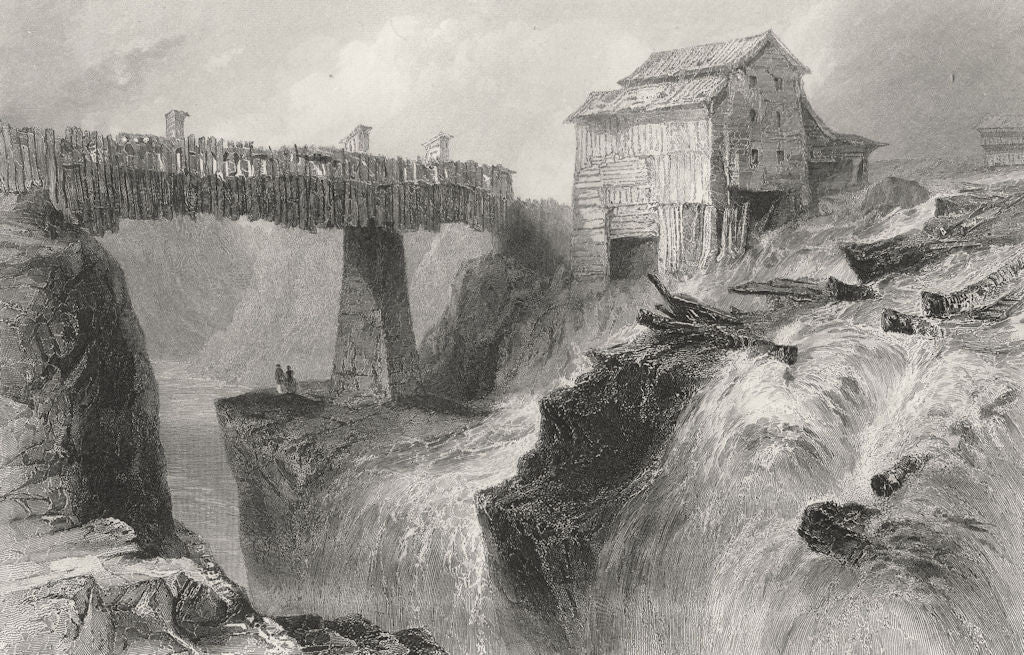Bridge at Glens Fall (on the Hudson), New York. WH BARTLETT 1840 old print
